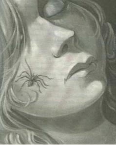 Illustration of a girl sleeping with spider crawling on her face.